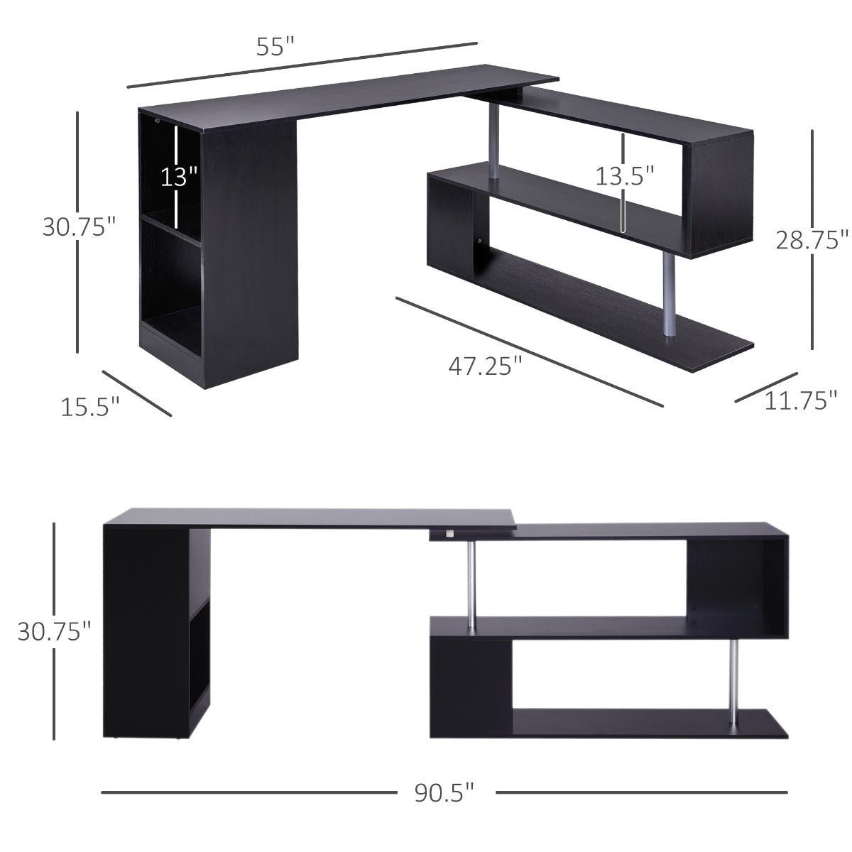 55″ 360° Rotating Corner Computer Desk, L-Shaped with Storage Shelves