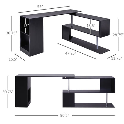 55″ 360° Rotating Corner Computer Desk, L-Shaped with Storage Shelves