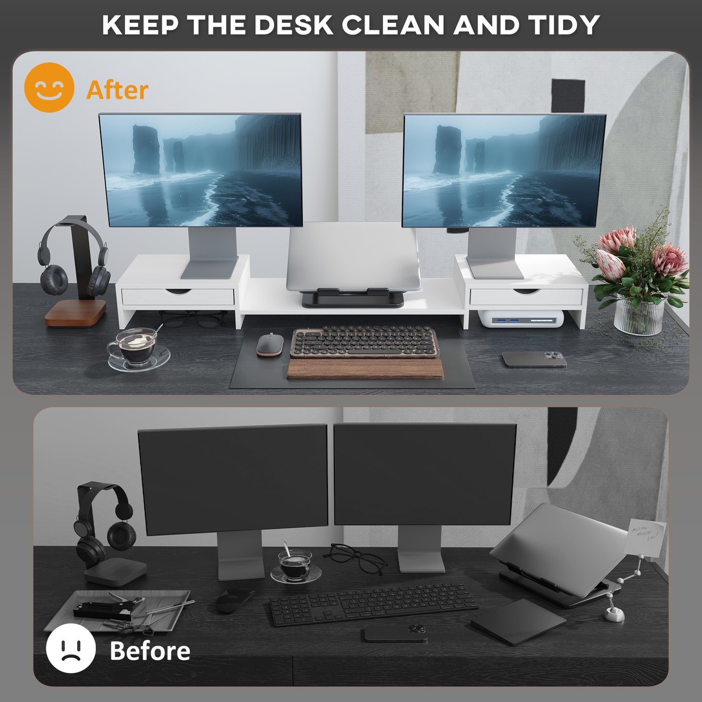 Dual Monitor Stand Riser With 2 Drawers, Adjustable Length And Angle, 116cm Monitor Riser For Laptop, Computer, PC, Small Printer, White