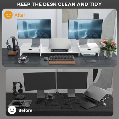 Dual Monitor Stand Riser With 2 Drawers, Adjustable Length And Angle, 116cm Monitor Riser For Laptop, Computer, PC, Small Printer, White