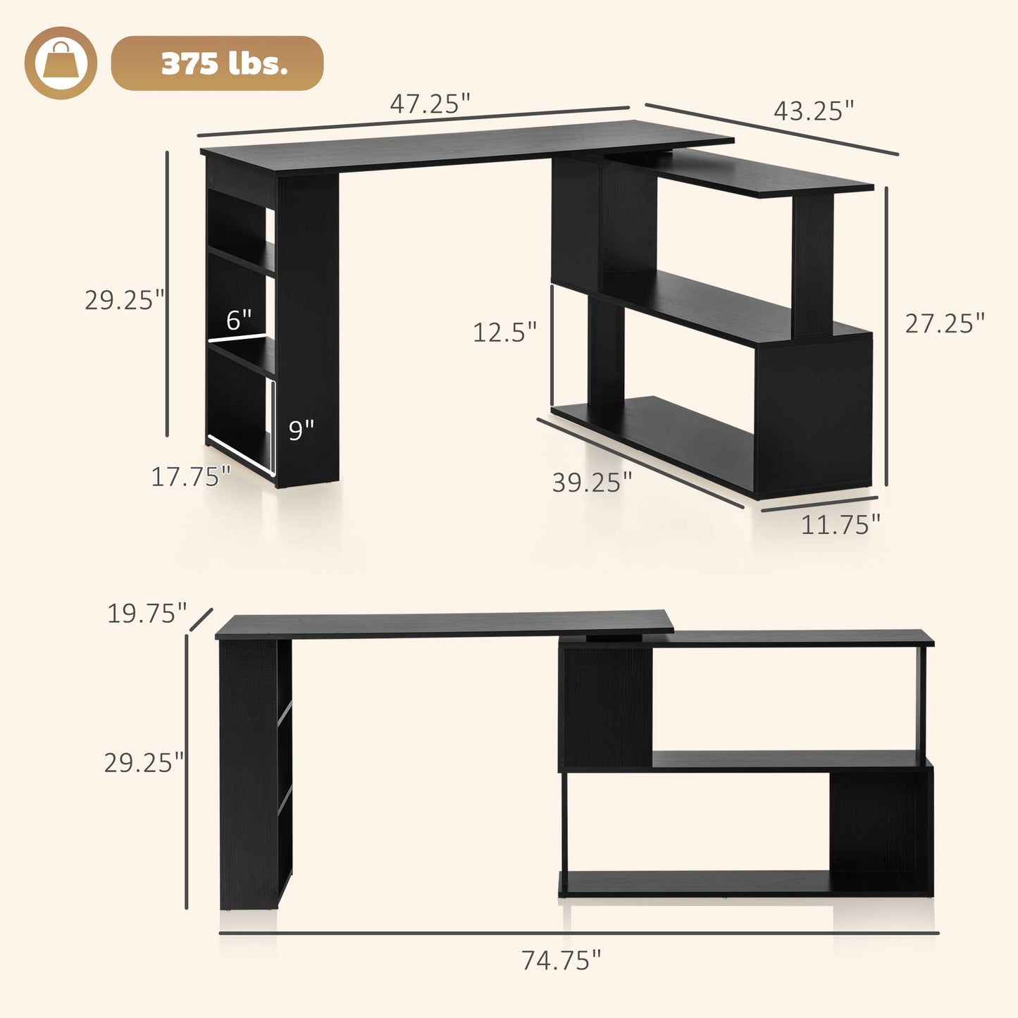 360° Rotating L-Shaped Corner Computer Desk with Storage