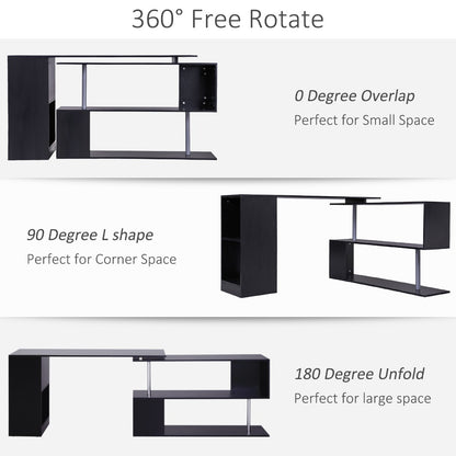 55″ 360° Rotating Corner Computer Desk, L-Shaped with Storage Shelves