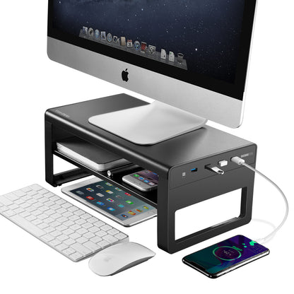 Ergonomic Monitor Stand with USB 3.0 Hub & Storage