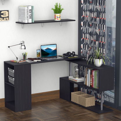 55″ 360° Rotating Corner Computer Desk, L-Shaped with Storage Shelves