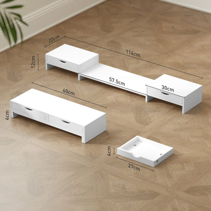 Dual Monitor Stand Riser With 2 Drawers, Adjustable Length And Angle, 116cm Monitor Riser For Laptop, Computer, PC, Small Printer, White