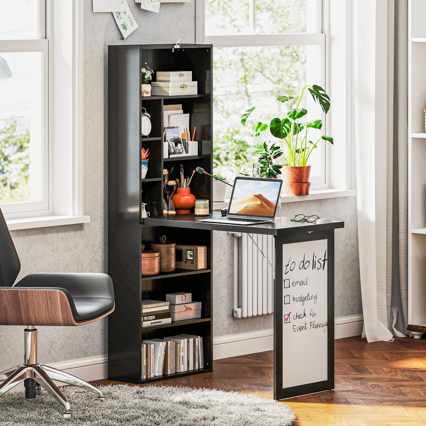 Three-Part Work Desk, With Storage And Writing Board - Black