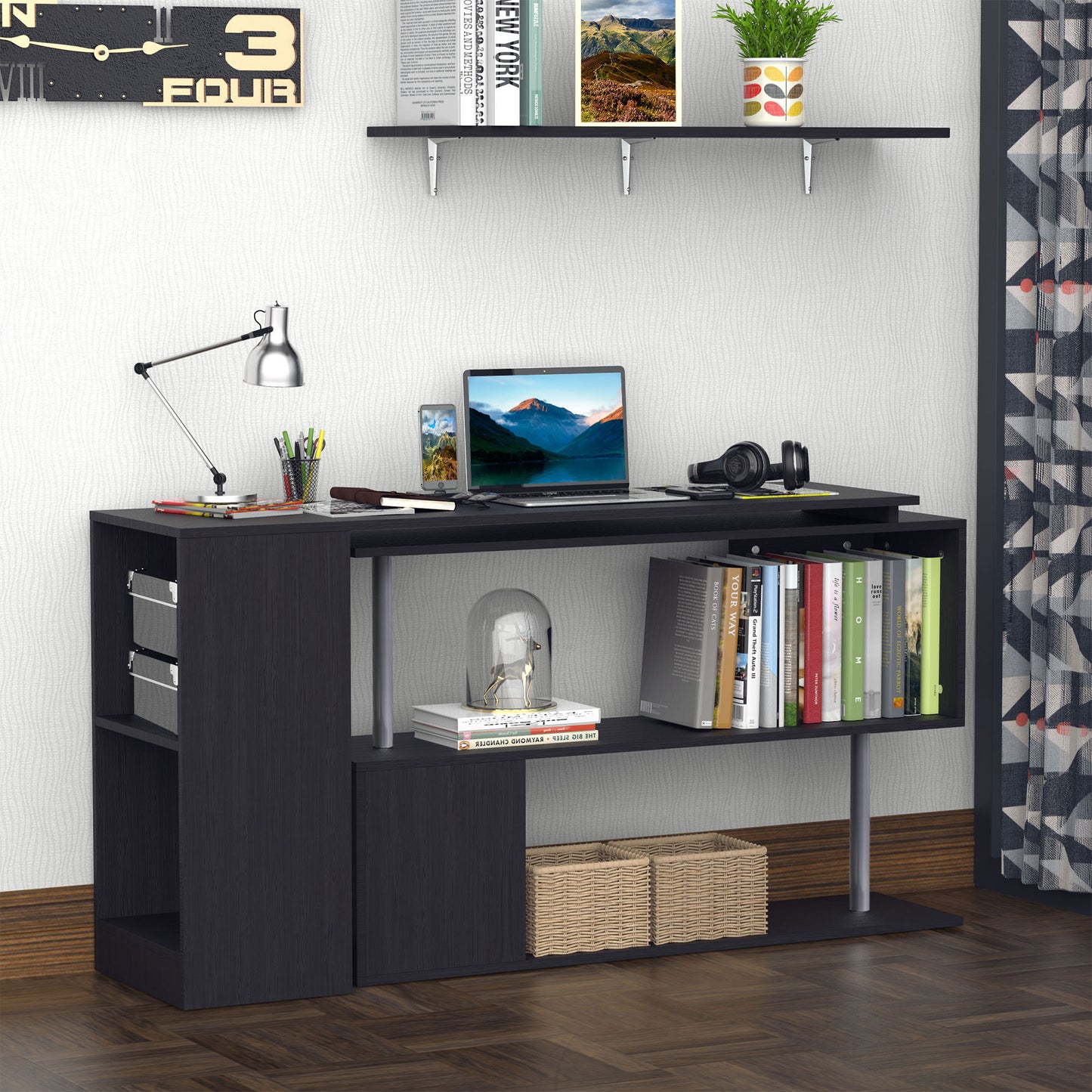 55″ 360° Rotating Corner Computer Desk, L-Shaped with Storage Shelves