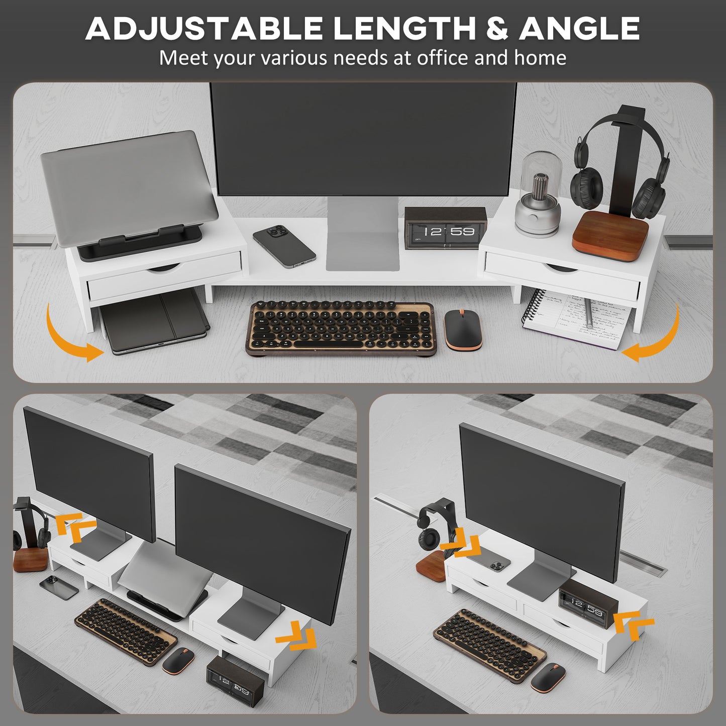 Dual Monitor Stand Riser With 2 Drawers, Adjustable Length And Angle, 116cm Monitor Riser For Laptop, Computer, PC, Small Printer, White