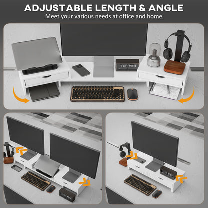 Dual Monitor Stand Riser With 2 Drawers, Adjustable Length And Angle, 116cm Monitor Riser For Laptop, Computer, PC, Small Printer, White