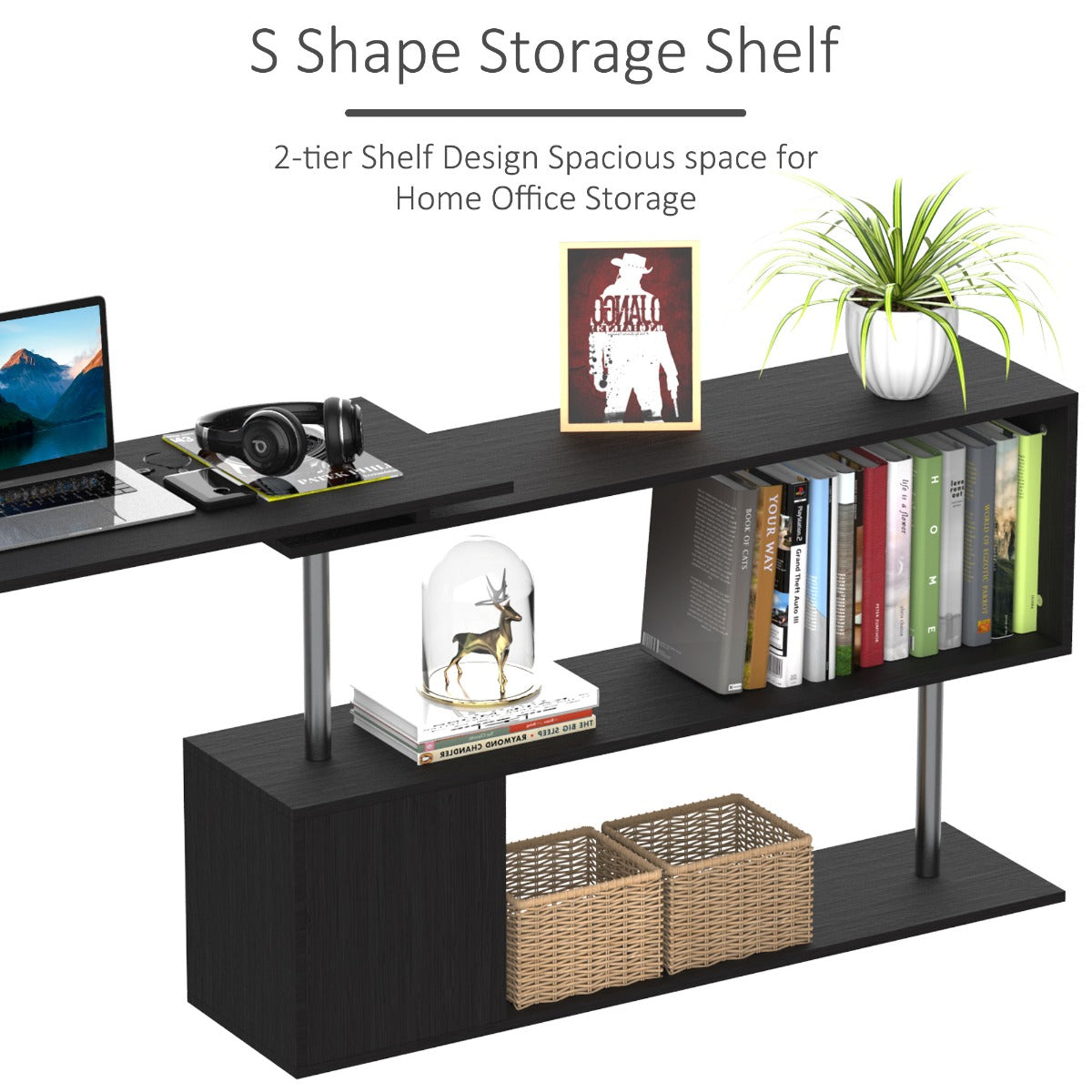 55″ 360° Rotating Corner Computer Desk, L-Shaped with Storage Shelves