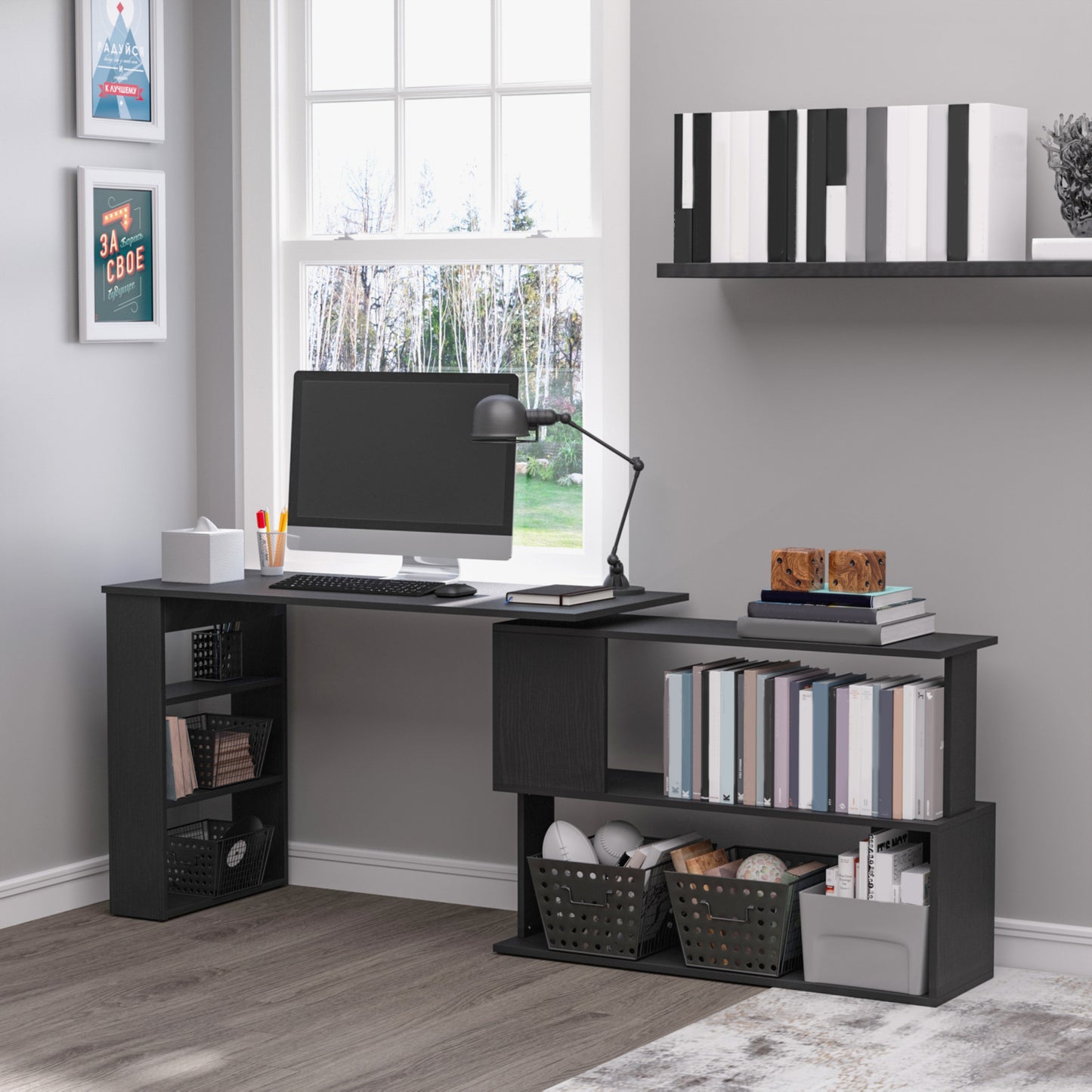 Modern L-Shaped Corner Desk with 360° Rotation & Storage
